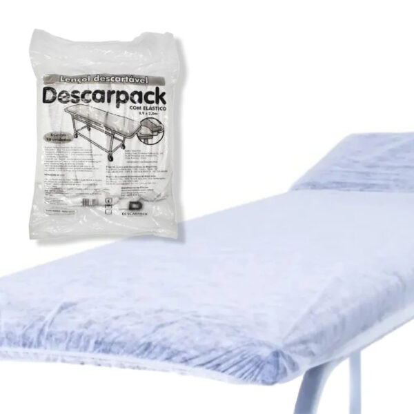 Lençol descartável com elástico Descarpack, tamanho 0,90x2m, ideal para proteção de macas em clínicas, salões, estúdios e consultórios. Pacote com 10 unidades, feito em polipropileno, modelo sanfonado, de uso único e não estéril.